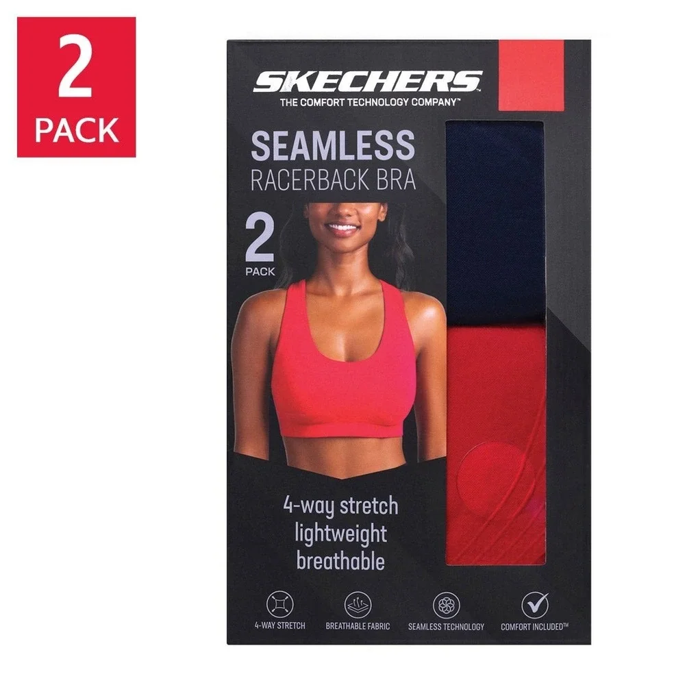 Skechers Womens Seamless Racerback Sports Bra 2-Pack Navy Pink Large